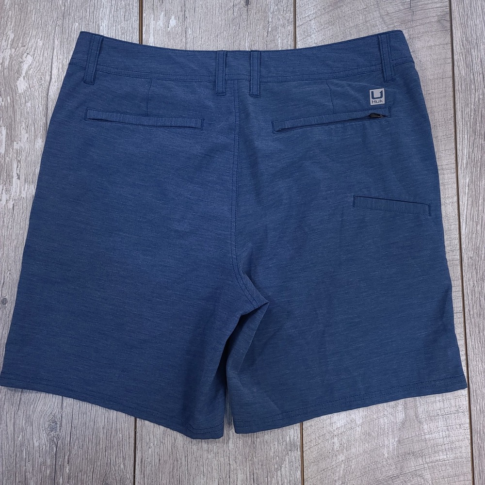 Huk Performance Fishing Shorts Men Size 34 Blue Heathered Stretch Hybrid Pockets - Picture 2 of 7